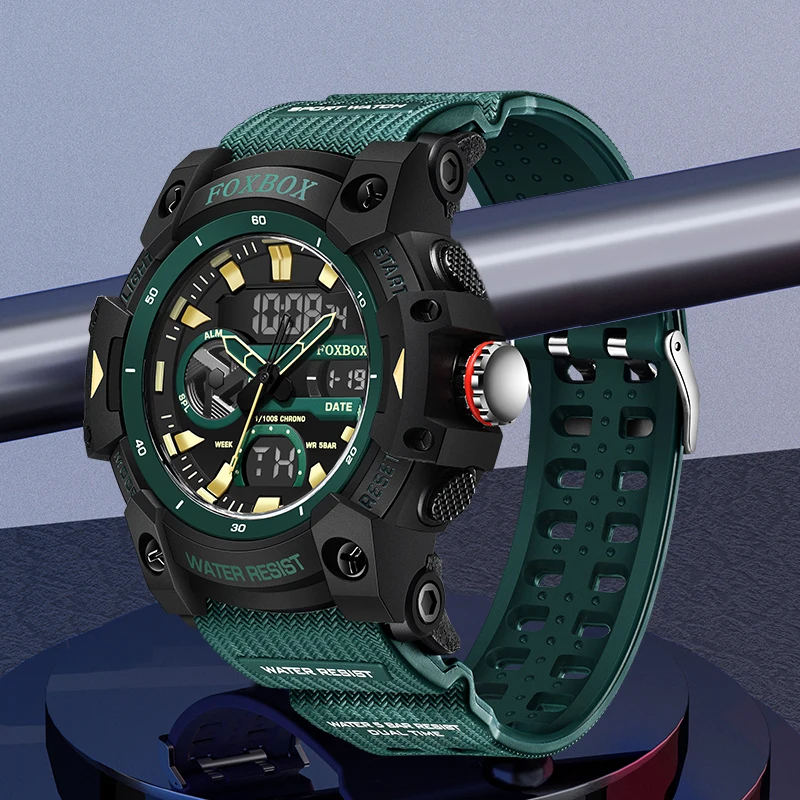 FOXBOX Fashion Outdoor Watches for Men Casual Sport Military Alarm Waterproof Clock Date Dual Time Digital Man Watch Chronograph