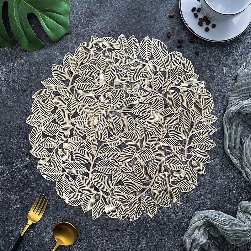 2023 Leaf Gold Placemats Round Leaf Table Mats Hollowed Out PVC Placemat Non Slip Table Mats for Dinner Party Wedding Home Decor