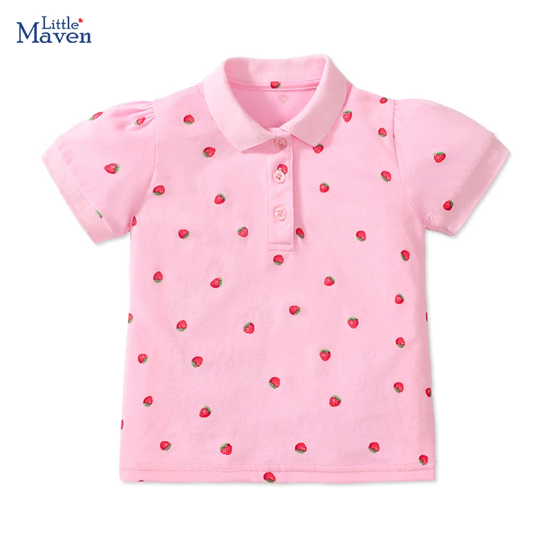 Little maven 2024 Summer Kids Clothes for Baby Girls Polo T Shirts Cartoon Strawberry Children\'s Clothing Cotton Tops Tees