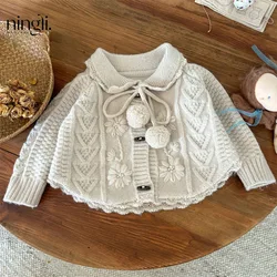 Childrens Girls Sweater 2024 Autumn Stylish Retro Handmade Crochet Kids Girls Knit Cardigan Long Sleeve Toddler Girls Coat