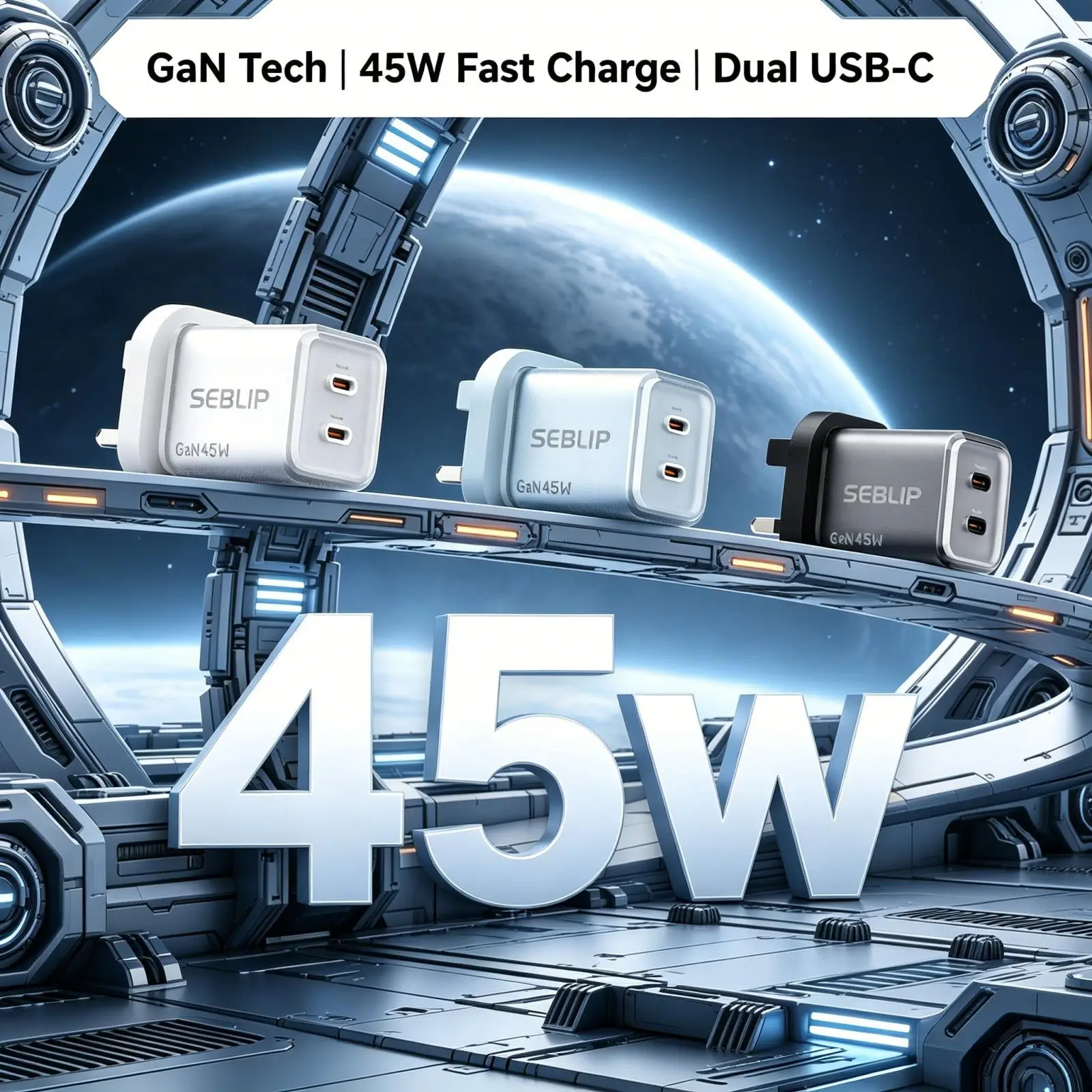 45W GaN Charger USB C Fast Charging Dual Port Wall Plug UK Travel Adapter White Black Blue for iPhone Samsung Laptop