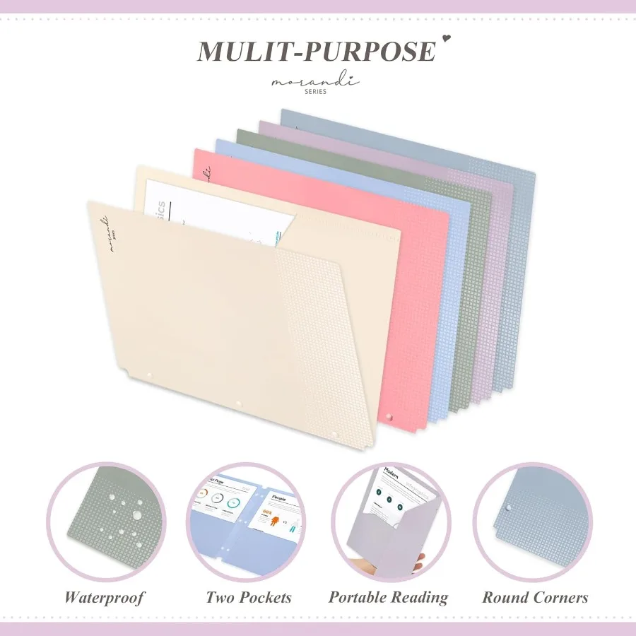 Plastic Folders with Pots Fit for 3 Ring Binder Letter Size Pastel Colors 6 Pack