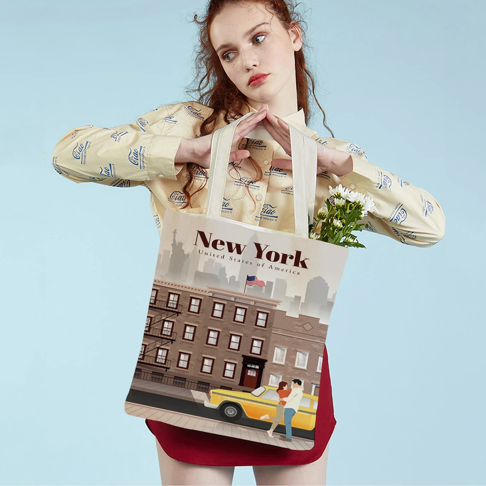 Fashion City Map London New York Paris Spain Shopper Bags Tote Lady Handbag Both Sides Casual Canvas Women Shopping Bag