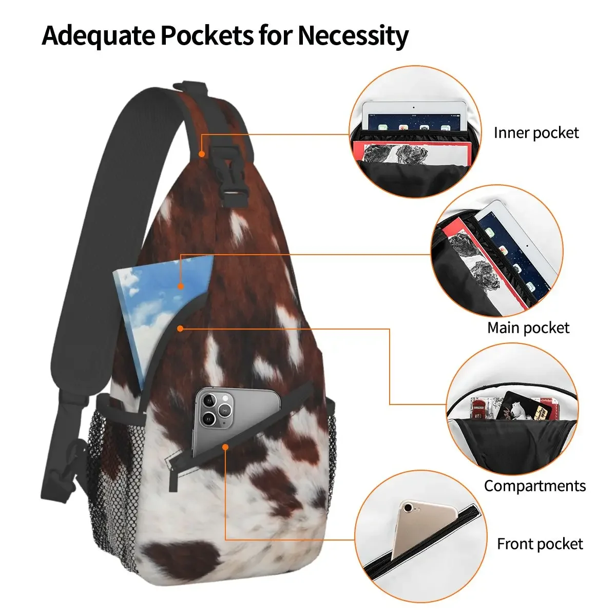 Rusty Cattle Cowhide Small Sling Bags Chest Crossbody Shoulder Backpack Travel Daypacks Cow Animal Fur Calf Printed School Bags