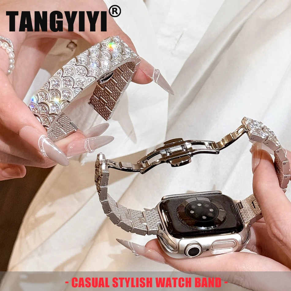 

Роскошный браслет с чешуйками русалки для Apple Watch, металлический ремешок для iWatch S11/10/9/8/7/6/5/SE/Ultra, 49/46/45/44/42/41/40/38 мм