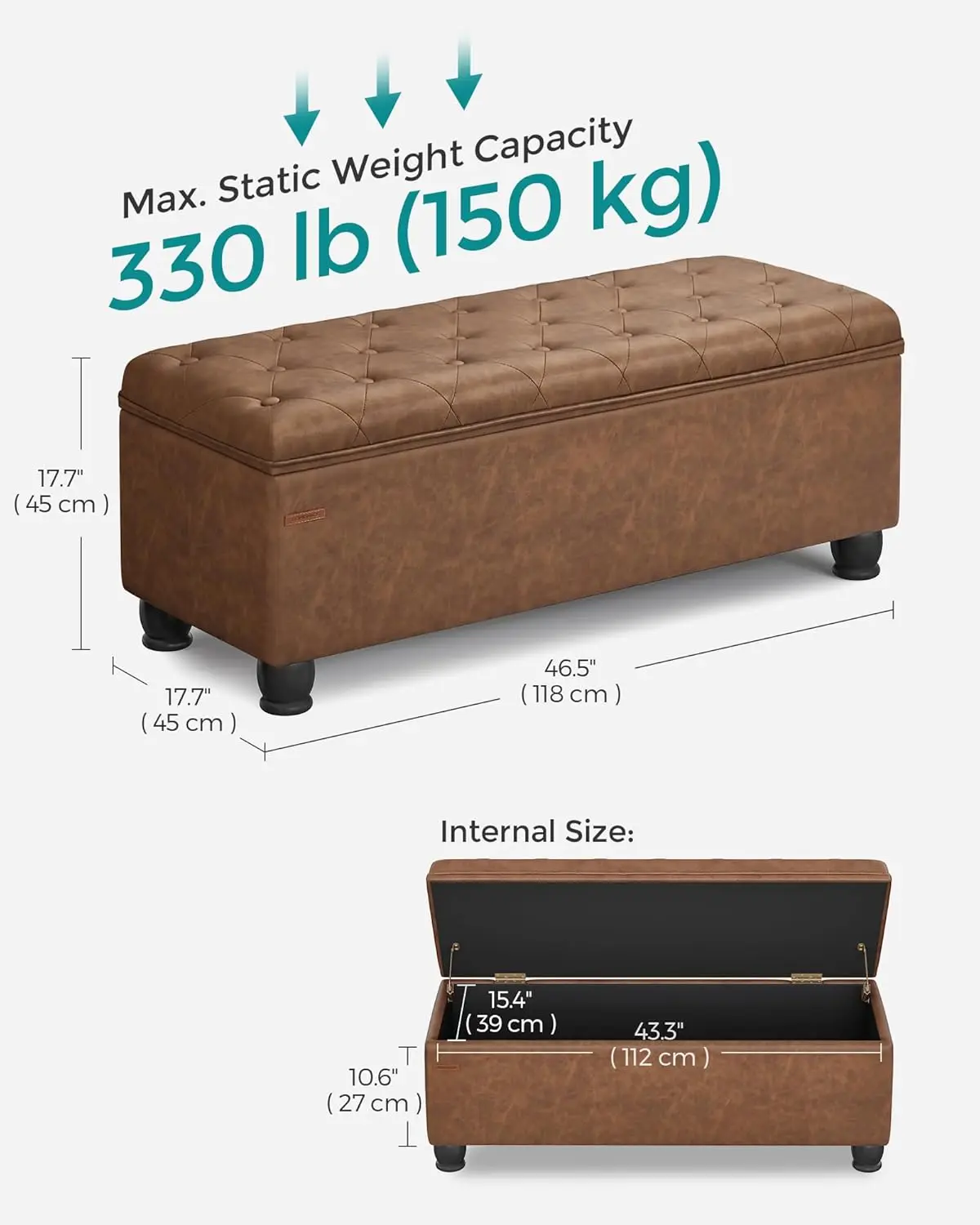 Storage Ottoman, Storage Bench, Tufted Entryway Bedroom Bench, 17.7 x 46.5 x 17.7 Inches, Hinges Easy Lid Operation, Wo