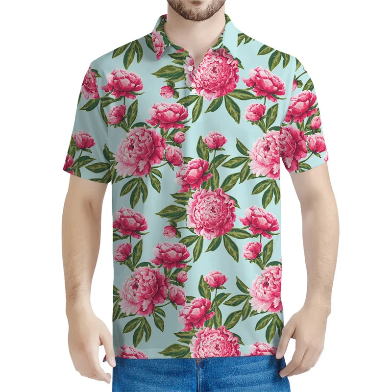 Fashion Peony Rose Flower Graphic Polo Shirt Men Women 3d Printed Floral Tee Shirts Casual Button T-shirt Lapel Short Sleeves