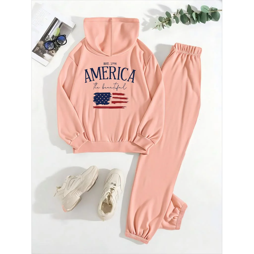 Mia Muse  Women's Sets Fashion Plain American Flag Pattern Letter Print Long Sleeve Hoodie Natural Waist Pant Casual Sets