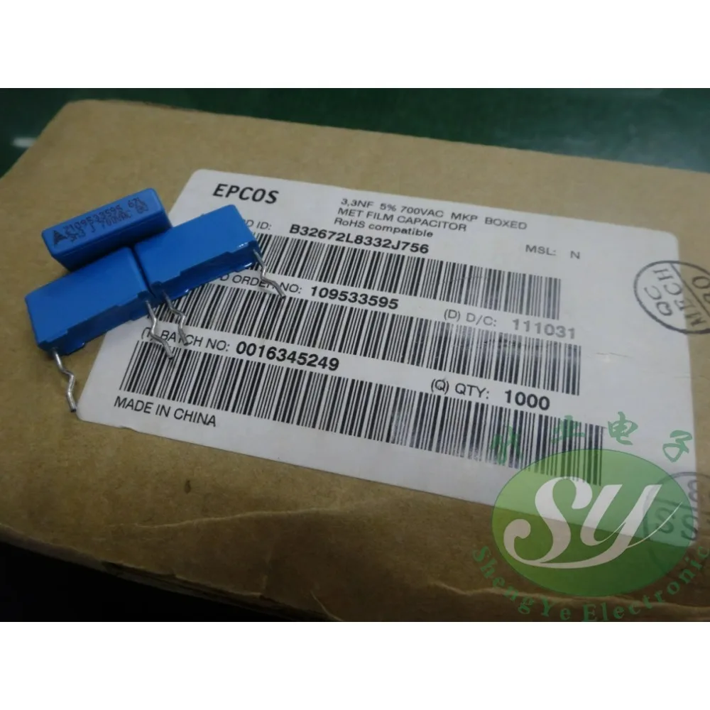 

20PCS EPCOS 0.0033uf/700vAC 3.3nf 3300pf 3n3 332 Brand-new 15mm film capacitor B32672L8332J