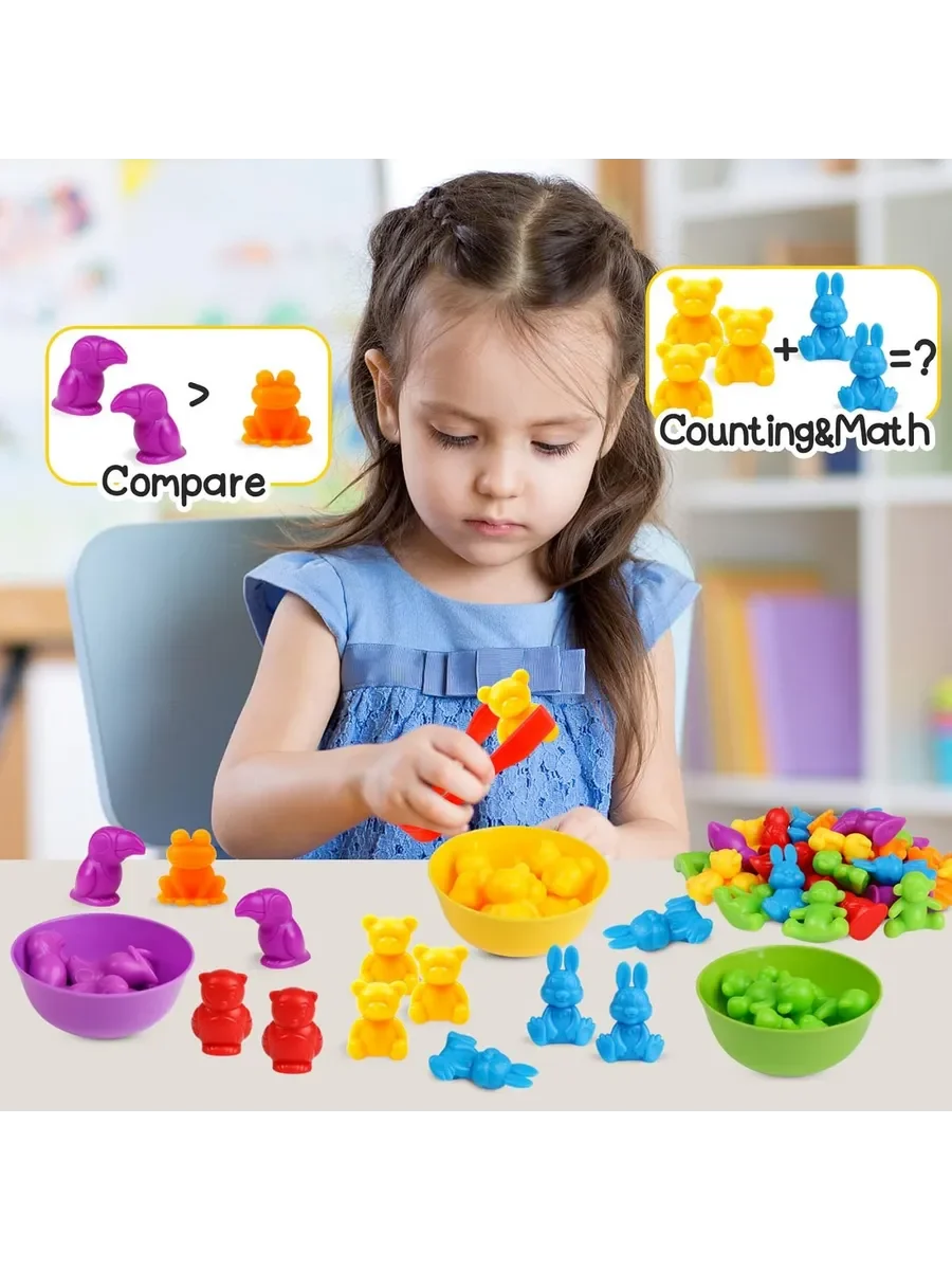 Montessori Color Sorting Toy Set 6 Bowls, Tweezers Animal Figures for Toddlers, Preschoolers Fine Motor Cognitive Development image 4