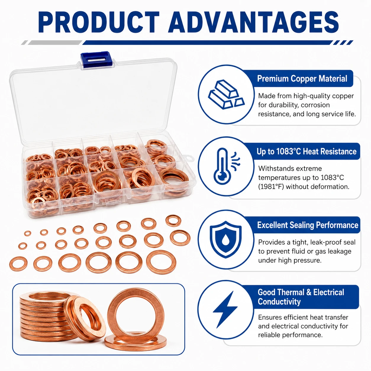 1 Box Coppers Crush Washers Assortment Kit, High Temp Sealing Flat Gaskets Set for Oil Drain Plug Automotive Hydraulic Plumbing