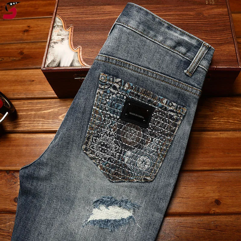 High-End Hole & Patch Denim Shorts Men's Summer Fashion2024New Trendy Slim Fit Stretch Personality Motorcycle Shorts