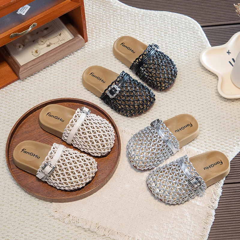 

Girls Mesh Slides Hollow Out Breathable Non-slip Soft Sole Buckle Children Casual Mule Slippers Kids Summer Beach Shoes
