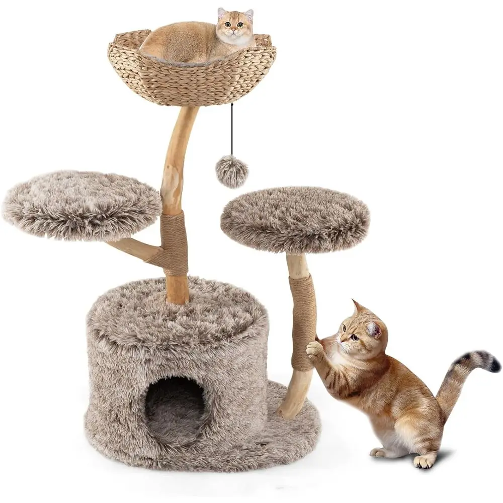 

Tangkula Solid Wood Cat Tree, Multi-Level Cat Tower with Well-Woven Cattail Basket, Luxury Condo, Scratching Posts, Dangling Bal