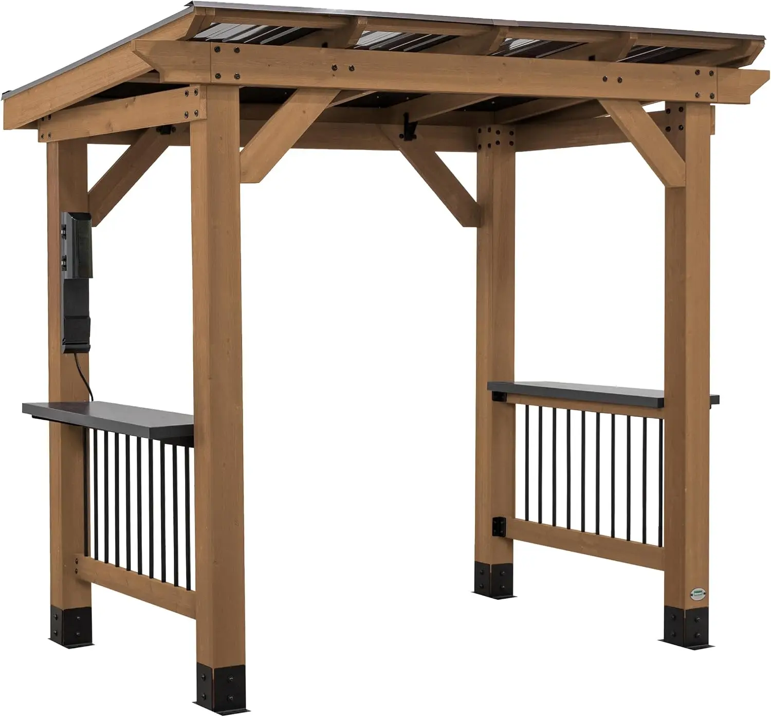 Saxony 8' x 5' Cedar Wood BBQ Grill Gazebo Pavilion with Hardtop Galvanized Steel Roof, Bar Tops, Powerport, Snow Support, Wind