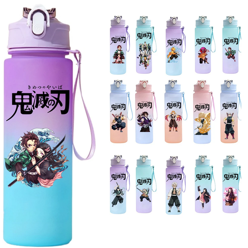 Botella de Agua Deportiva de Plástico Portátil de Gran Capacidad (750 ml) con Diseño de Demon Slayer, Taza para Beber con Personajes de Tanjirou, Nezuko y Zenitsu, Ideal para Regalo