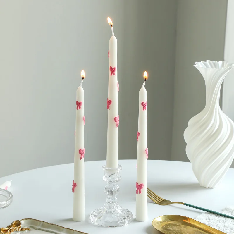 2pc Painted Bow Candle, 2.2x25cm Long Shaped Scented Candle. Home Decoration Candlelight Dining Table Wedding Decoration Props