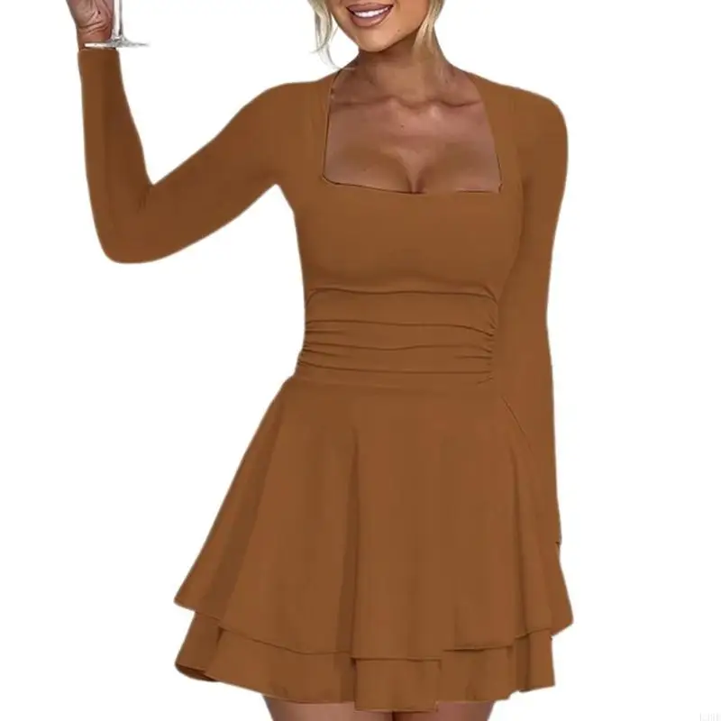 l38e-mini-abito-da-donna-con-scollo-quadrato-con-volant-sull'orlo-e-con-corsetto-a-maniche-lunghe-con-corsetto-corto