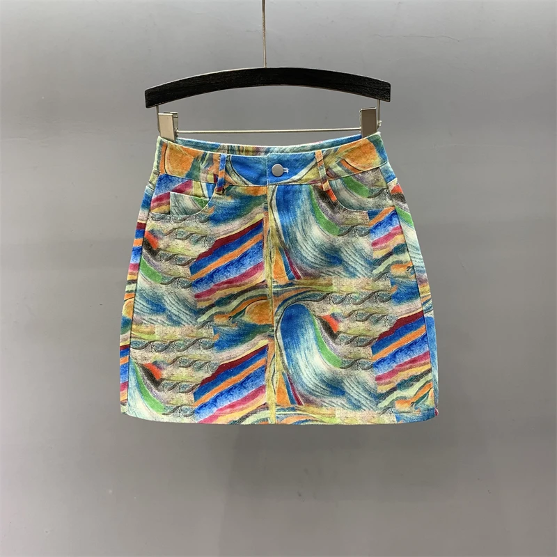 

Color Printing Dyeing Temperament Flower Printing Cowboy Skirt Summer New High Waist Slim A Word Bag Hip Denim Skirt Women