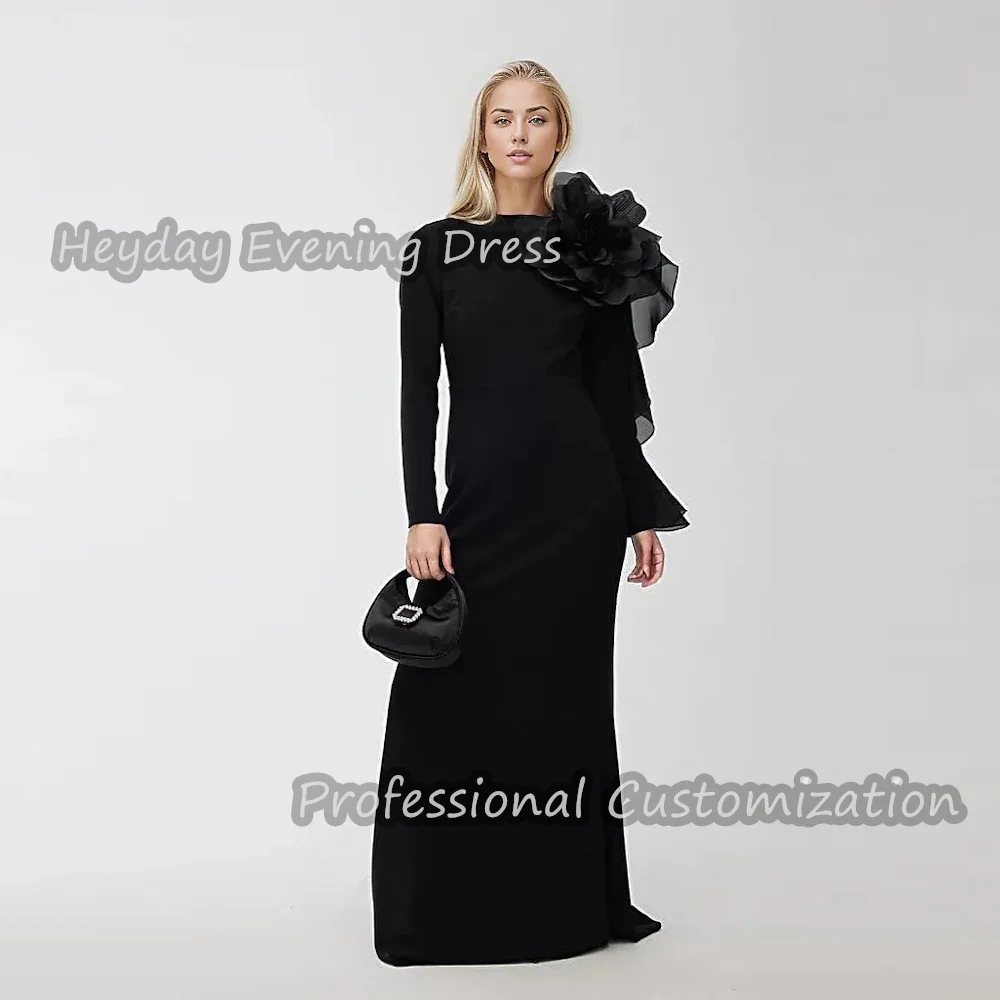 

Heyday O-Neck Saudi Prom Party Gown Crepe Sexy Long Sleeves Straight Flower Floor Length Elegant Dress For luxurious Woman 2024