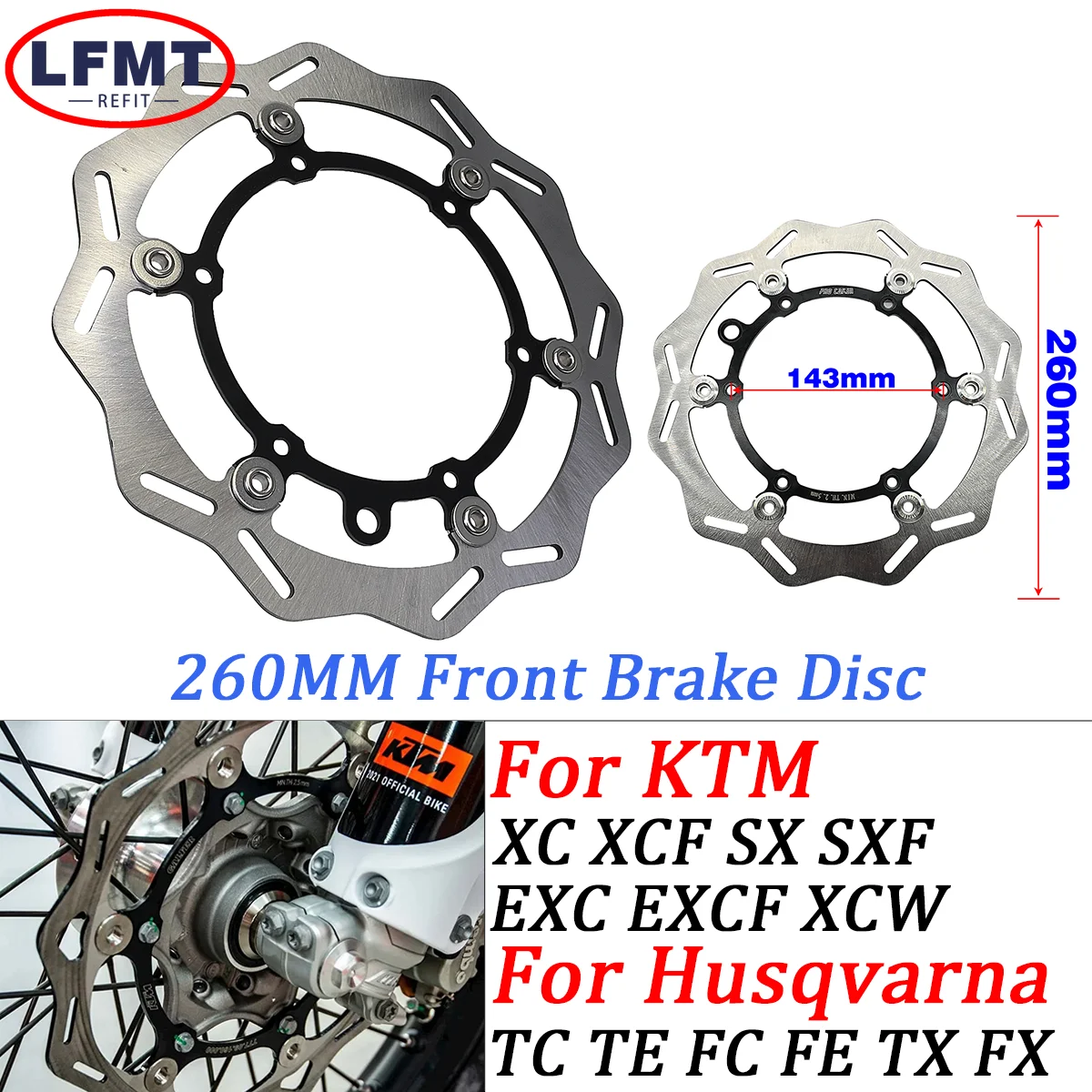 

Motorcycle 260mm Front Brake Disc Wave Floating Rotor For KTM XC XCF XCW SX SXF EXC EXCF TPI 125 250 300 350 450 500 1994-2023