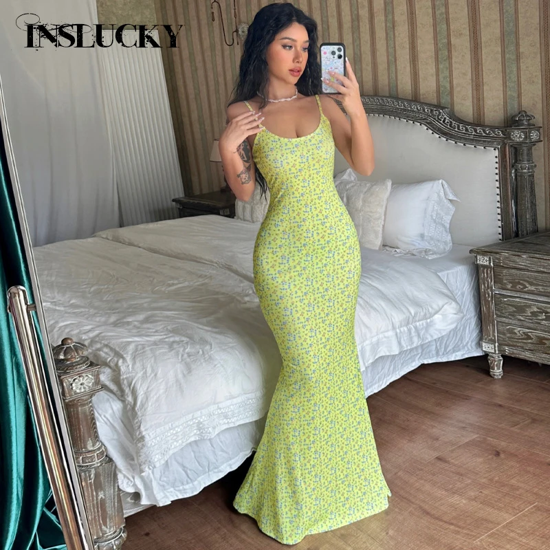 

InsLucky Fashion Small Fresh Floral Print Maxi Dress For Women Knitting Spaghetti Strap Trumpet Long Dresses Beach Partywear