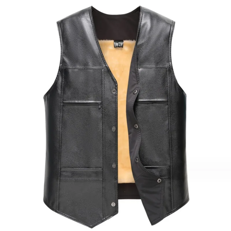 New Spring Autumn Men Fleece Warm Leather Vests Waistcoats Quality Male PU Leather Sleeveless Jackets Winter Warm Vests Coats 4X