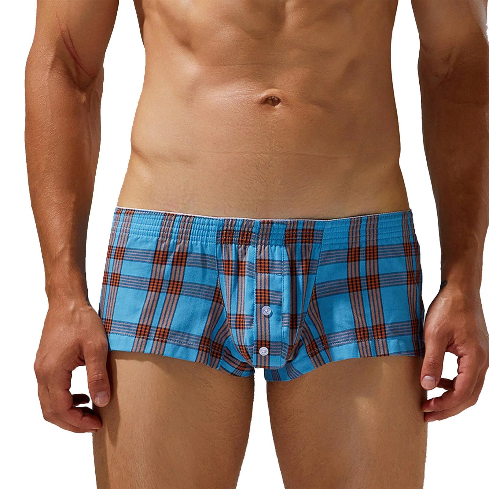 

Men Low Rise Plaid Shorts Button Bulge Pouch Side Split Boxer Briefs Plaid Low Waist Short Panties for Loungewear Home-wear