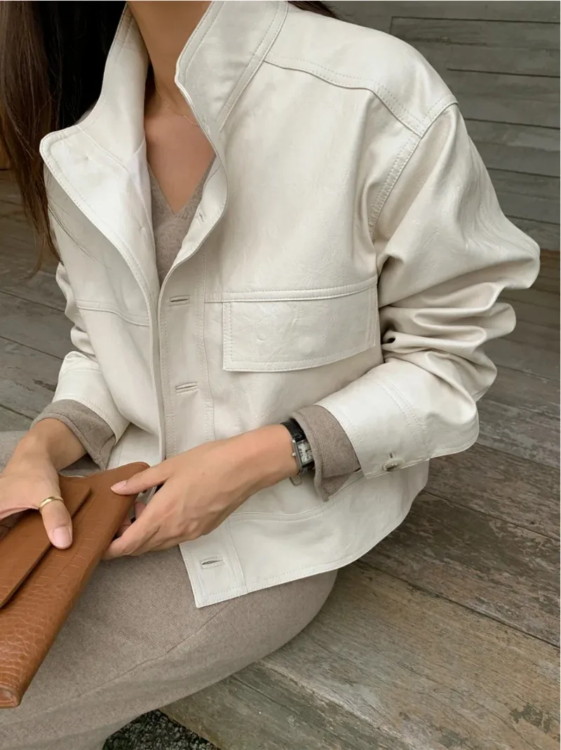 Beige PU Leather Jacket Woman Autumn Winter Streetwear Single Breasted Leather Coat Female Korean Chic Corp Jacket Stand Neck