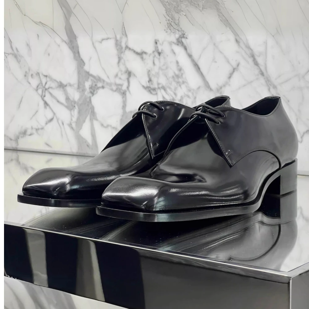 

Fashion Men's Black Shiny Lace Up Genuine Leather Shoes Square Toe Thick Heels Derby Shoes Trendy Business Formal Dress Shoes