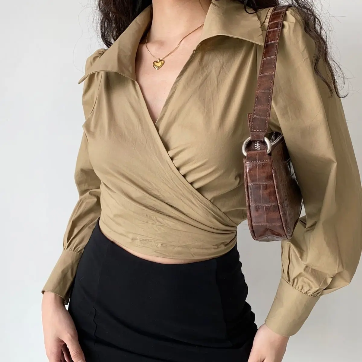 Elegant European Style Sexy Cross V-Neck Bow Tie Lantern Sleeve High Waist Short Crop Top with Lapel OL Streetwear Women's Shirt