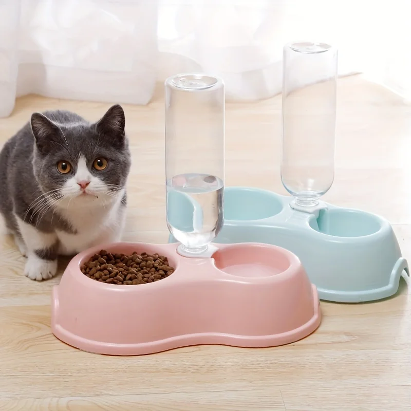 Pet bowl with water feeder, 3 in 1 designed cat and dog water and food bowls set with gravity water bottle neck protection autom