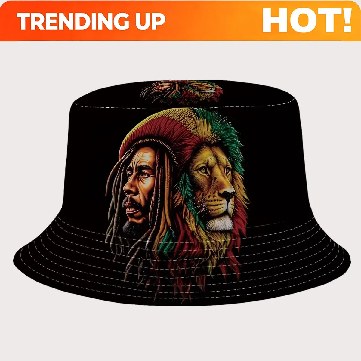 Customization 1pc Reggae-style All-over Print Bucket Hat Featuring A Fusion Of Human And Lion Figures, With Eye-catching Red, Ye
