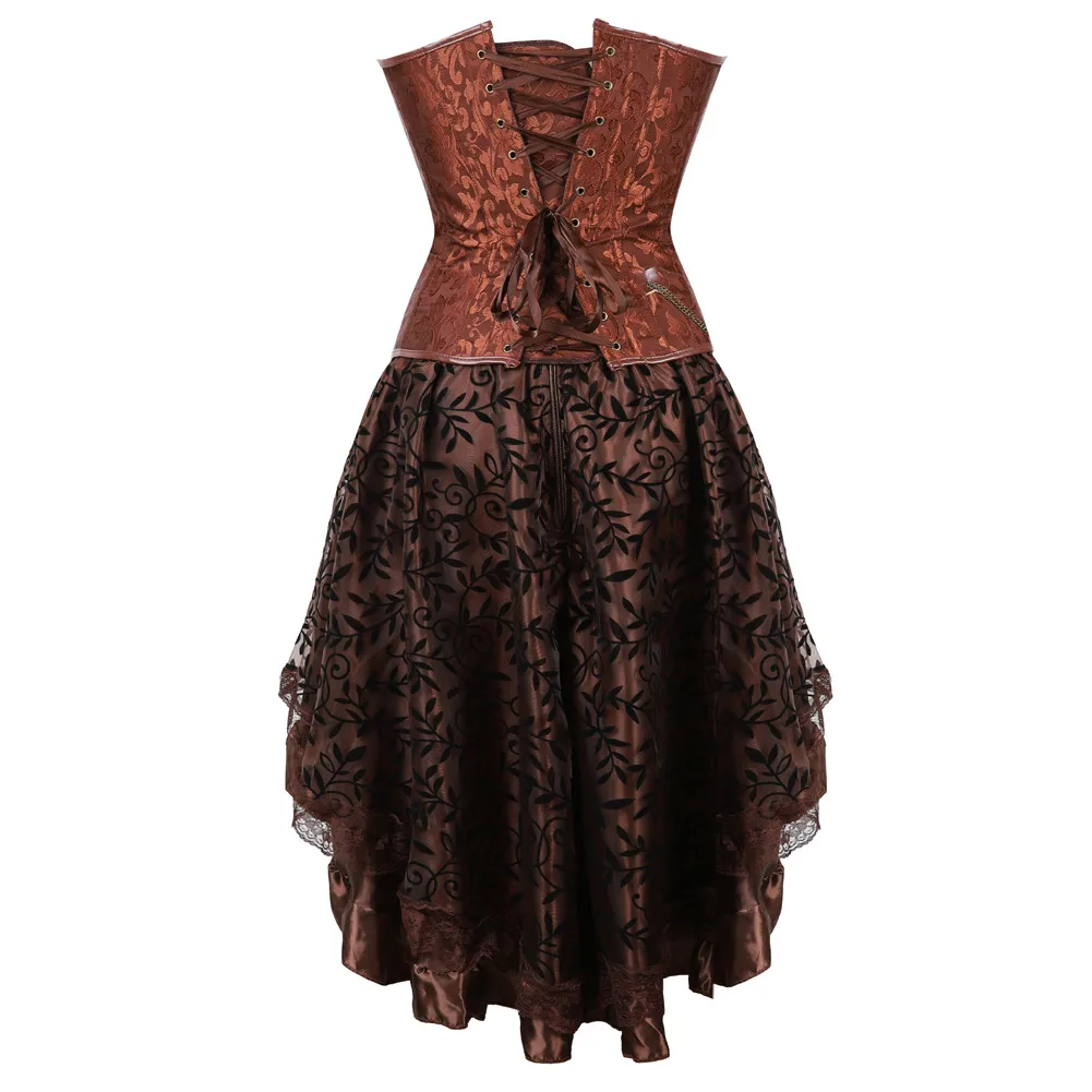 Steampunk Corset Dress Leather Overbust Gothic Corsets and Bustiers Skirt Pirate Party Plus Size Women's Sexy Brown Burlesque