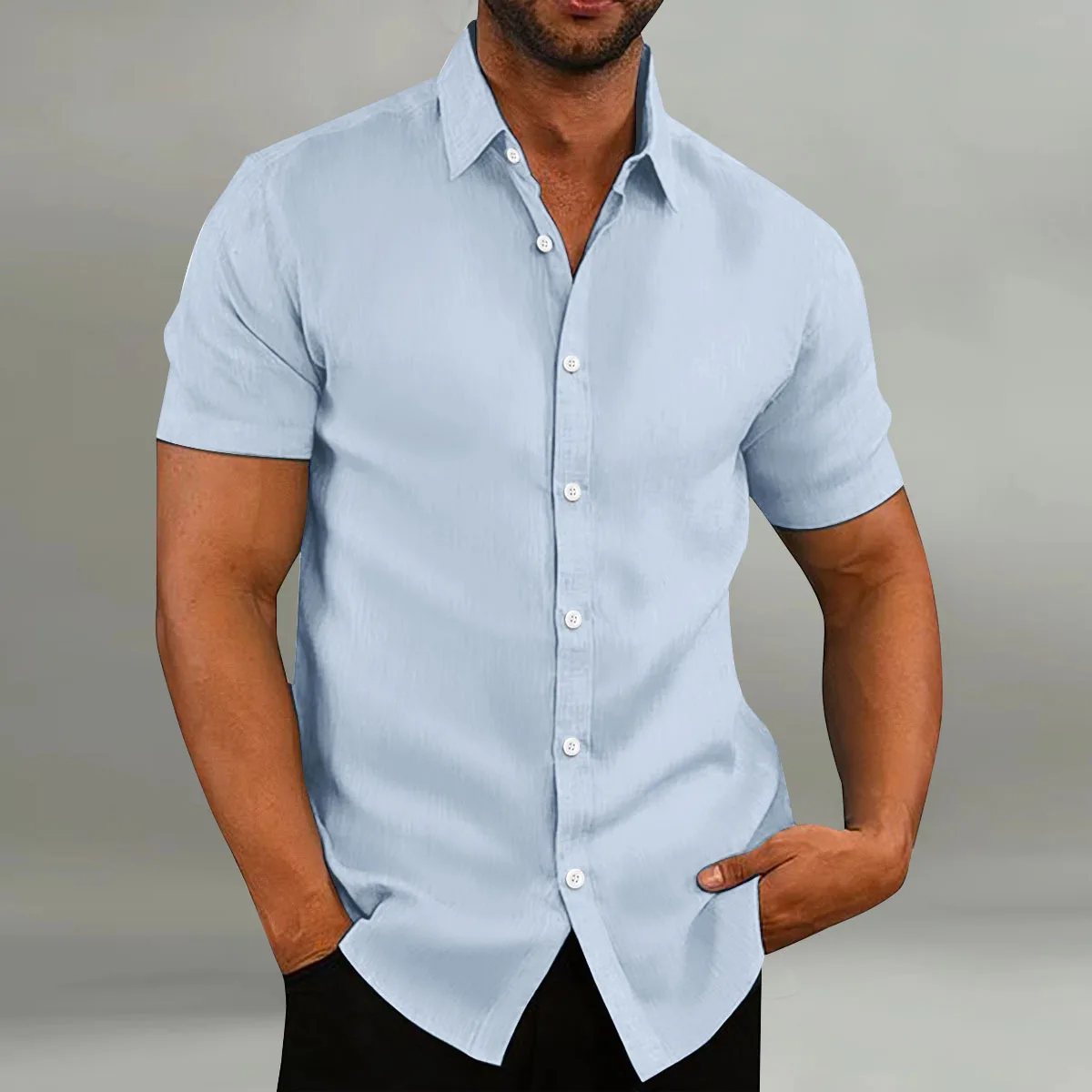 2024 Summer Men\'s Casual Shirt Stylish and comfortable vintage cotton and linen solid color lapel men\'s formal short-sleeved shi