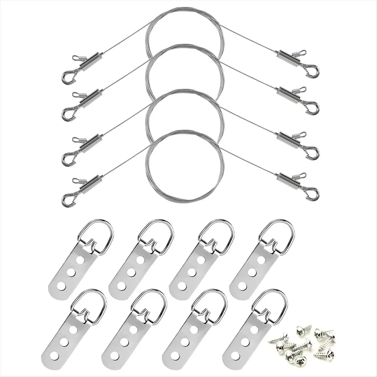 AA700~Adjustable Picture Hanging Wire and D Rings, with Small Clips, 8pcs 3-Hole D Rings with Screws, for Mirror/ Frame