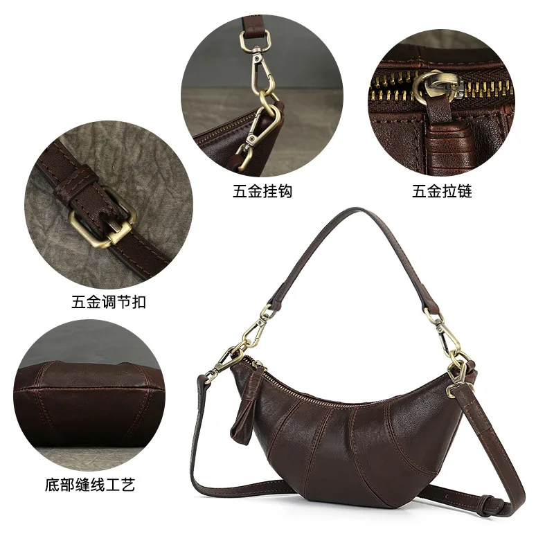 حقيبة يد من جلد البقر الأصلي باللون الأسود على شكل نصف قمر، ذات شكل فريد، ذات استخدام مزدوج، حقائب كروس بحزام كتف قابل للتعديل #5