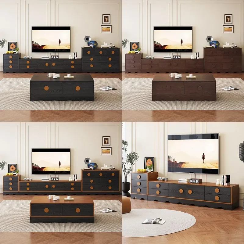 French Retro Solid Wood TV Stand Coffee Table Combo Living Room Storage Cabinet Small Side Unit Medieval Style Furniture