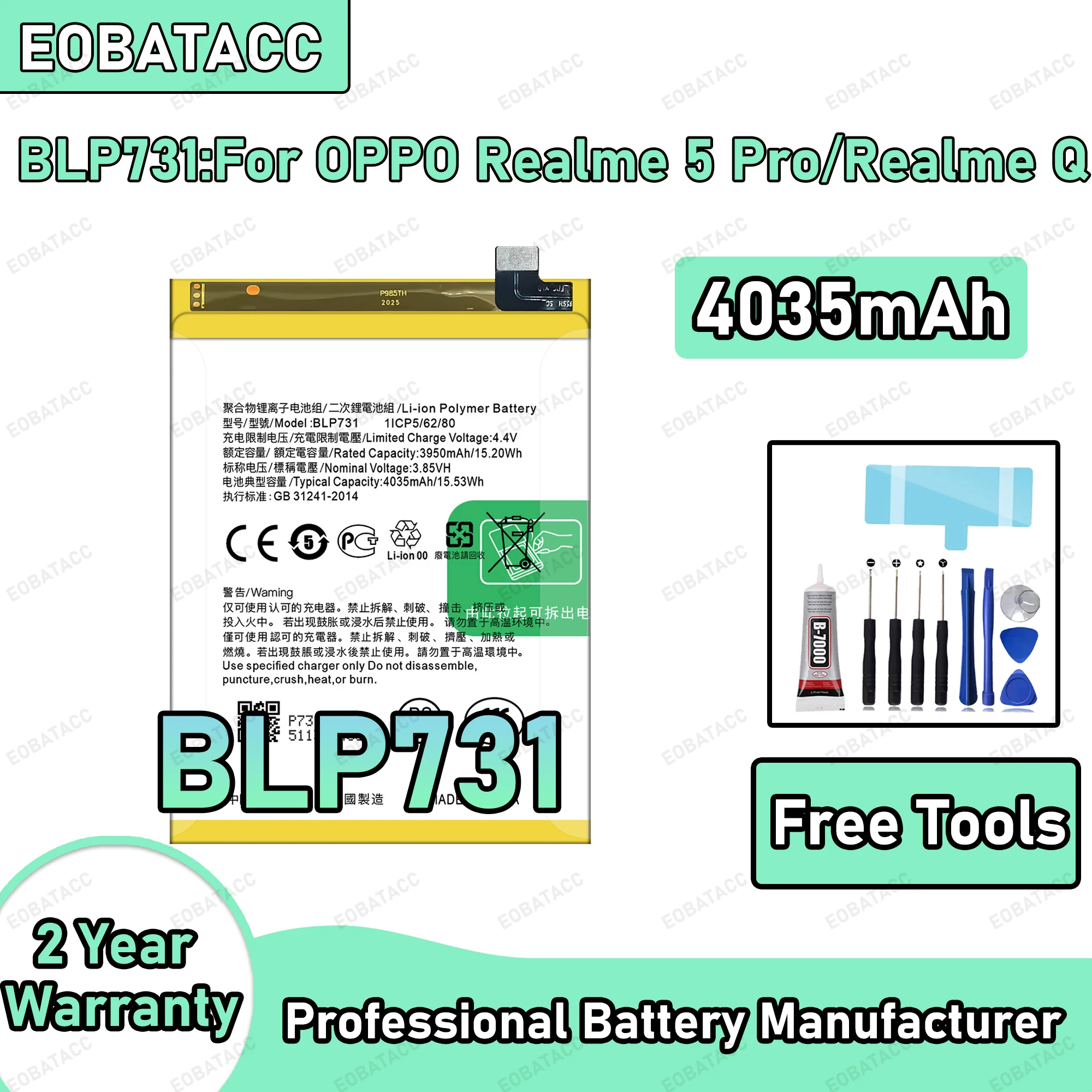 

4035mAh 100% New BLP731 Battery For OPPO Realme 5 Pro/Realme Q Replacement Bateria+Free Tools