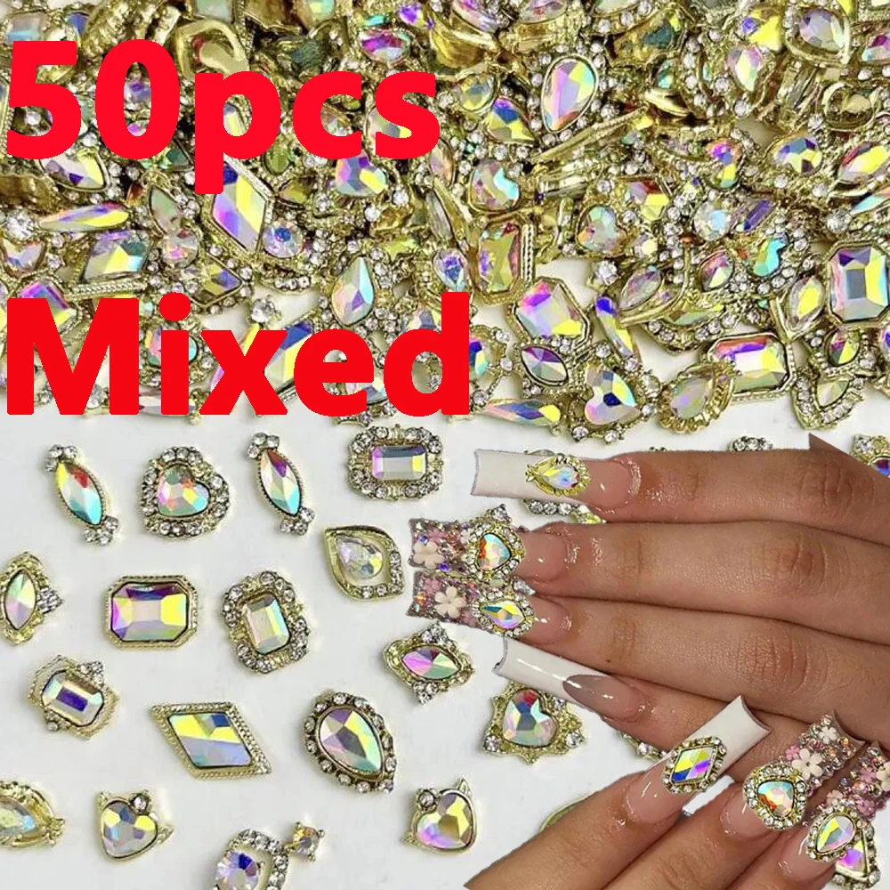 

50pcs/Bag Mixed Shape Luxury Iridescent Rhinestones Nail Art Charms Random Alloy AB Gemstones Nail Decorations Luxecraft NailGem