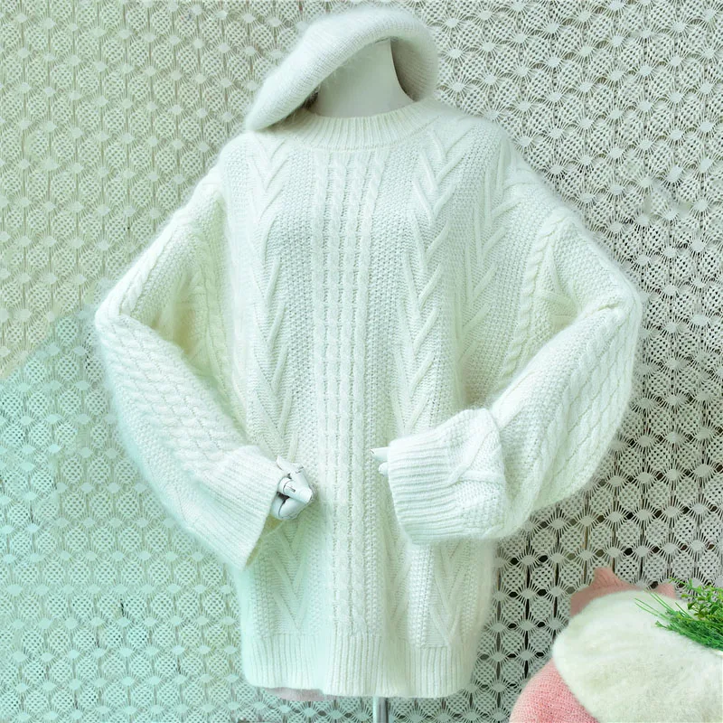Ladies Women Autumn Winter White Angora Rabbit Hair Knitted O-Neck Jacquard O-Neck Long Sleeves Loose Pullover Sweater Jumper