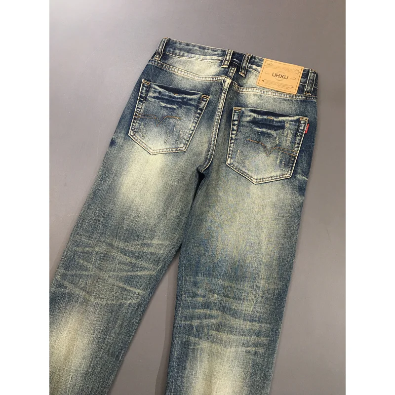 

Легкие роскошные американские джинсы в стиле ретро, мужские модные трендовые брендовые потертые уличные облегающие прямые потертые и потертые брюки