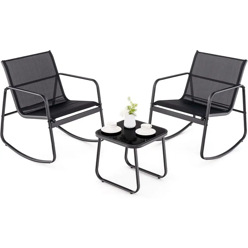 

Комплект уличной мебели Rocking Bistro: 2 кресла-качалки и журнальный столик со стеклянной столешницей, набор для отдыха на открытом воздухе