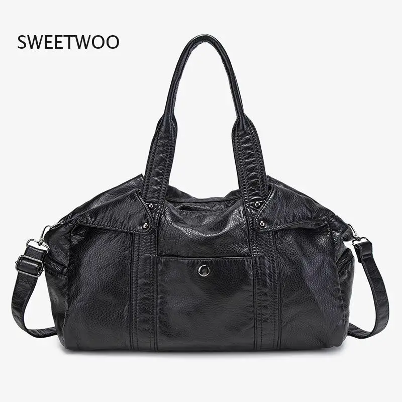 2026 Women Vintage Washed Pu Tote Bag Large Capacity Crossbody Shoulder Bag