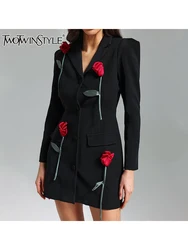 TWOTWINSTYLE Patchwork Appliques Mini Dresses For Women Notched Collar Long Sleeve Spliced Button Elegant Dresses Female Fashion