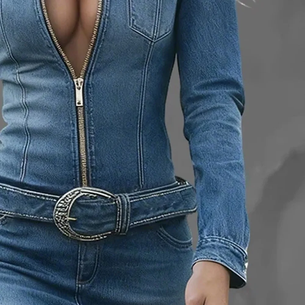 Women's Western Retro Denim Midi Dress Turn-down Collar Half Zip Slim Fit Asymmetric Fringe Tassel Hem Country Fall Party Dress