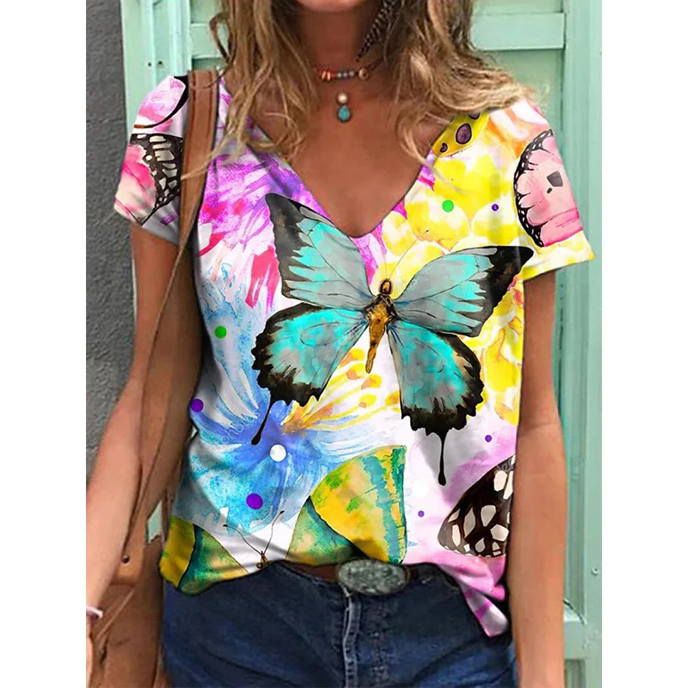 Women\'s T-shirts Fashion Tops V-neck Colorful Butterfly T Shirt Female Short Flowers Print Casual Tees Summer Oversized Clothes