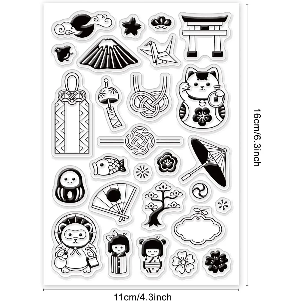 Japanese Theme Clear Stamps Folding Fan/Umbrella/Thousand Paper Cranes/Lucky Cat Pattern Journal Stamps Set for Paper Card