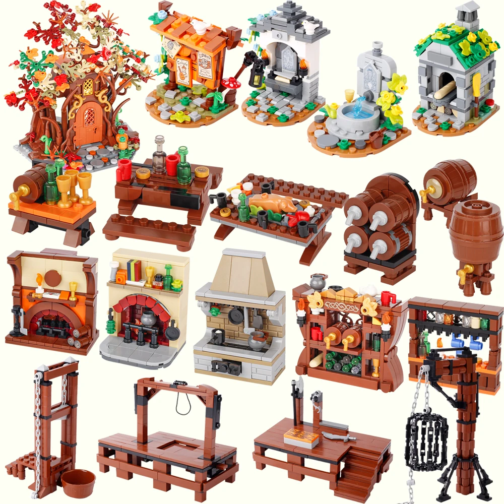 MOC Medieval Town Scene Building Blocks Notice Board Tavern Fireplace Bonfire The judgment seat Street View Brick Toy