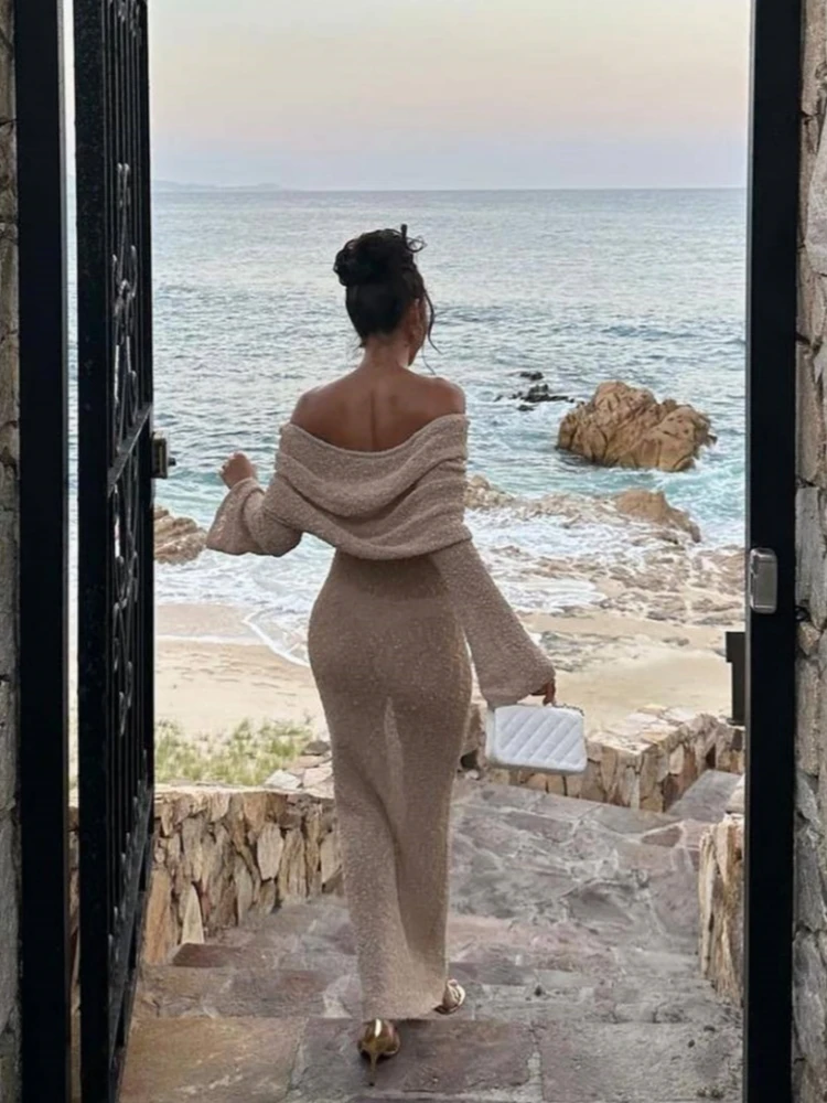 Beach Long Sleeve Knitted Hollow Out Summer Dress For Women Sexy Slash Neck Bodycon Maxi Dress Elegant Holiday Party Dress